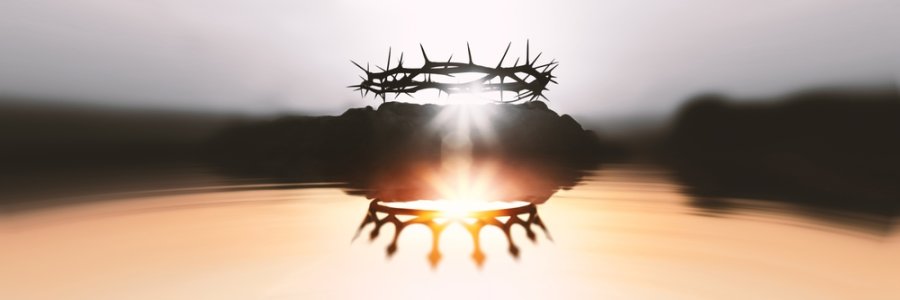 Image shows a dark crown of thorns reflected in a lake. The reflection is a shining royal crown."