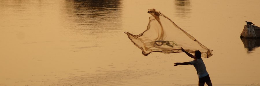 Image showing a person casting a net into a large body of water