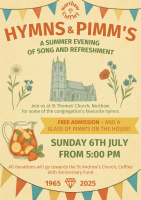 Image shows the poster for the Hymns and Pimm's event on 6th July 2025 at 5pm.