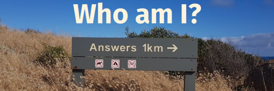 Image has the text 'Who am I?' above a sign with pointing to Answers 1km.