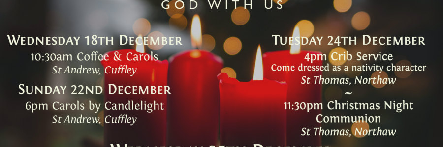 Image has a background of candles, over which are the details of the Advent and Christmas services in the parish.