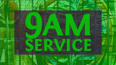 Large green text reads 9am service on a dark background with an image of St Andrew behind.